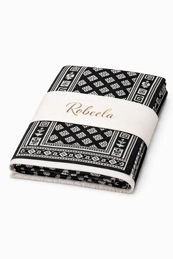 White_And_Black_Wool_With_Viscose_Soft_Monogram_Theme_Shawl_For_Women