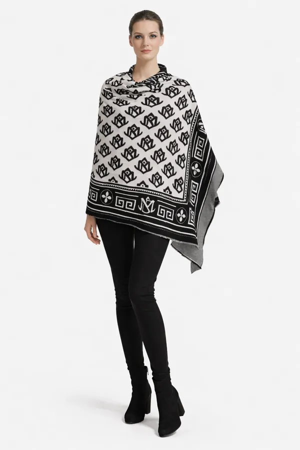 White_And_Black_Wool_With_Viscose_Soft_Monogram_Theme_Shawl_For_Women