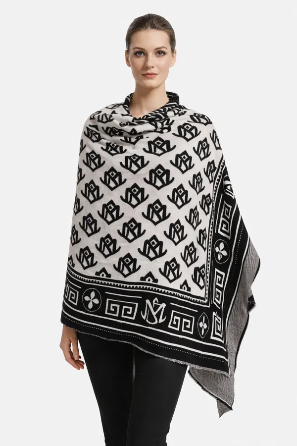 White_And_Black_Wool_With_Viscose_Soft_Monogram_Theme_Shawl_For_Women
