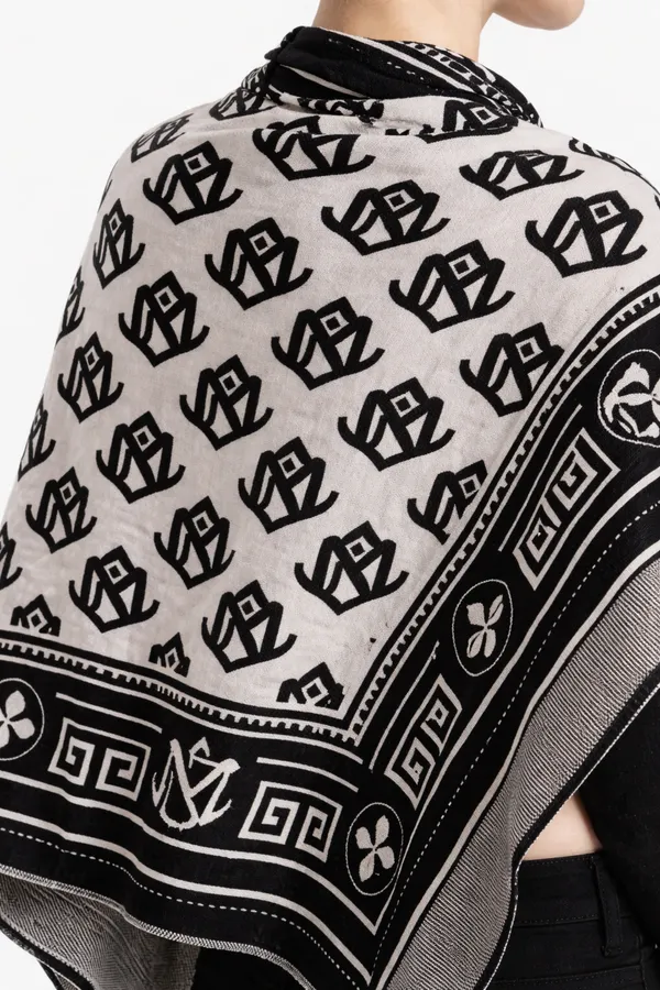 White_And_Black_Wool_With_Viscose_Soft_Monogram_Theme_Shawl_For_Women