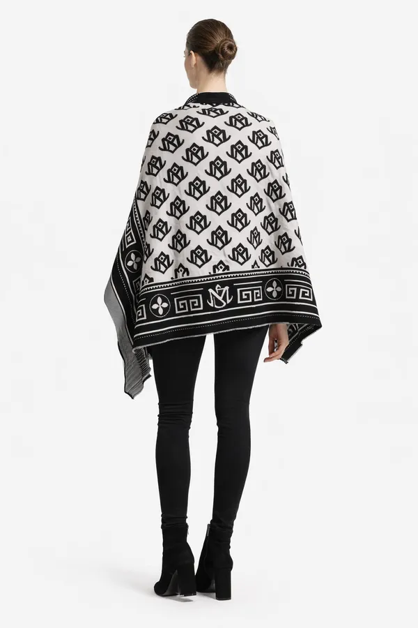 White_And_Black_Wool_With_Viscose_Soft_Monogram_Theme_Shawl_For_Women