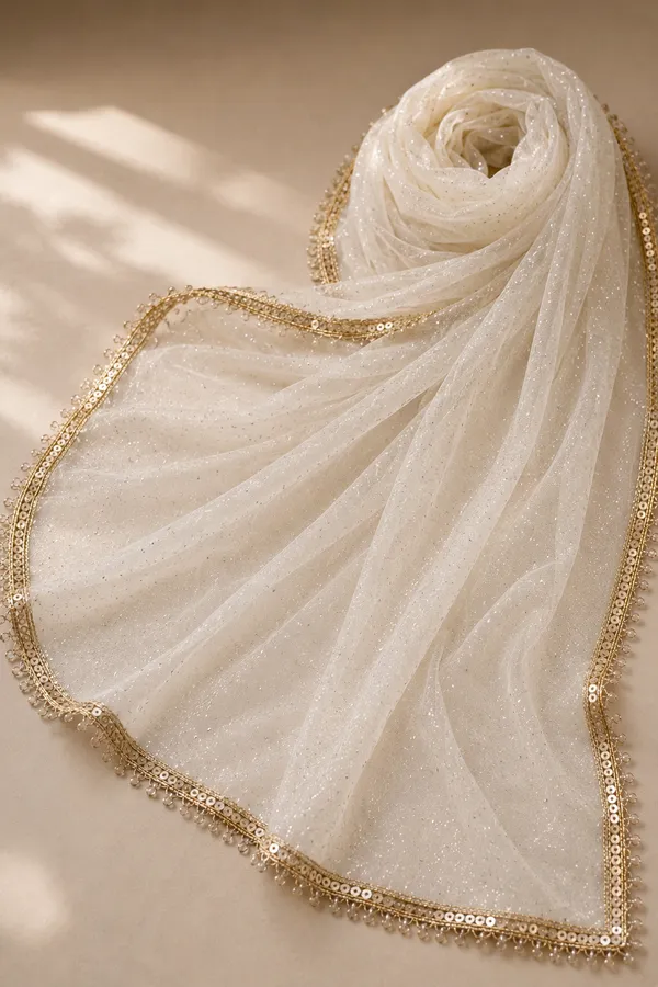 White_Stone_Work_Net_Dupatta_with_Golden_Sequin_Lace_Border