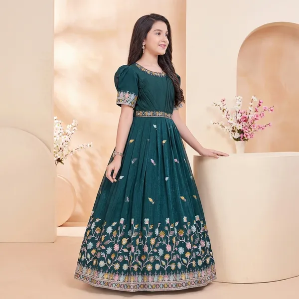 Teal_Green_Star_Georgette_Floral_Embroidered_Gown_For_Girls