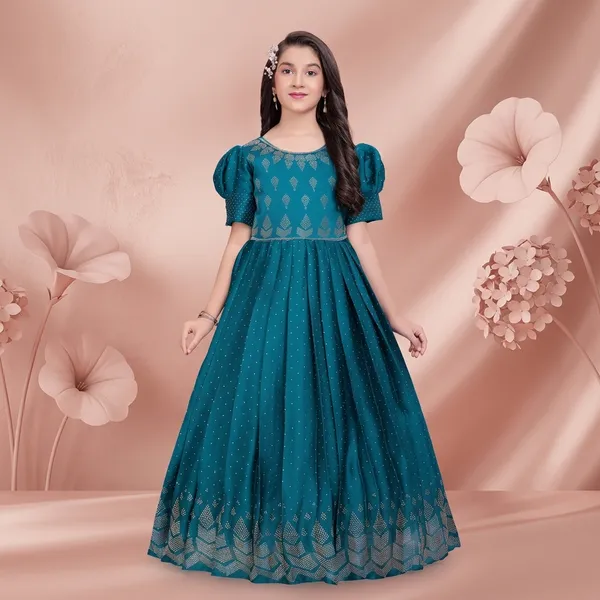 Teal_Star_Georgette_Foil_Print_Puff_Sleeve_Gown_For_Girls
