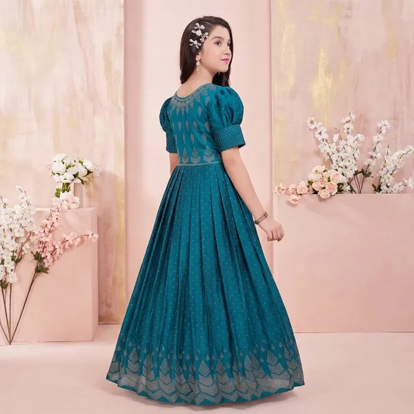 Teal_Star_Georgette_Foil_Print_Puff_Sleeve_Gown_For_Girls