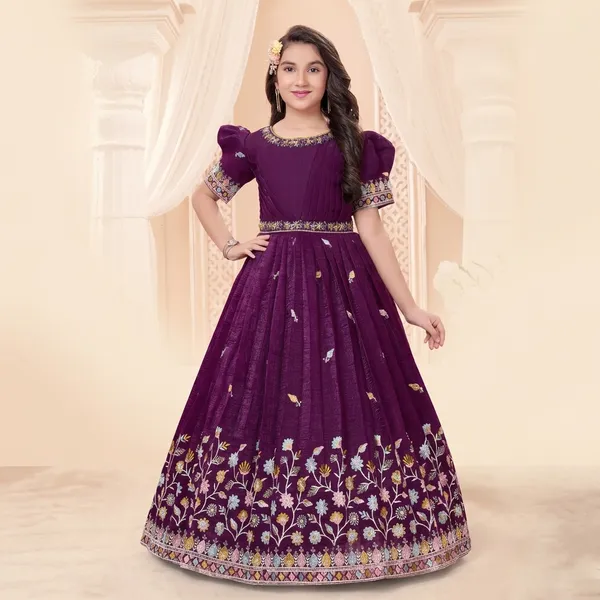 Purple_Star_Georgette_Embroidered_Puff_Sleeve_Gown_For_Girls