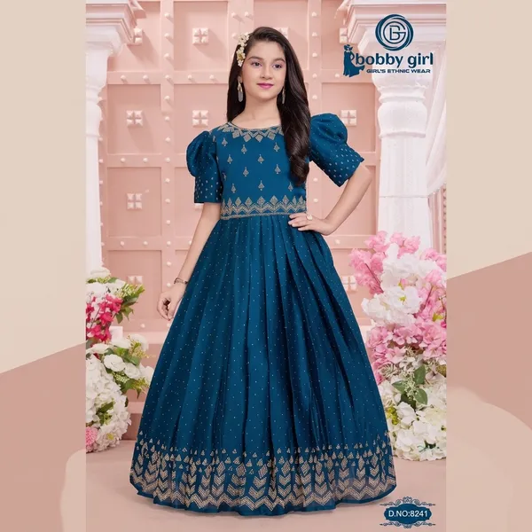 Blue_Star_Georgette_Foil_Print_Puff_Sleeve_Gown_For_Girls