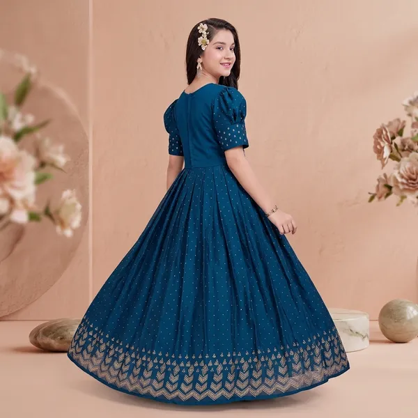 Blue_Star_Georgette_Foil_Print_Puff_Sleeve_Gown_For_Girls