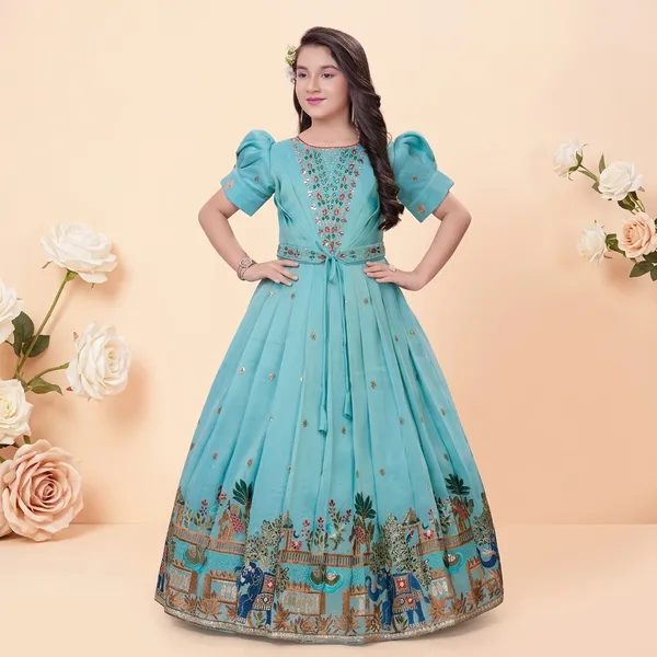 Turquoise_Star_Georgette_Floral_Embroidered_Puff_Sleeve_Gown_For_Girls
