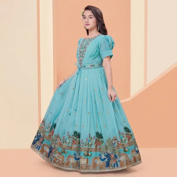 Turquoise_Star_Georgette_Floral_Embroidered_Puff_Sleeve_Gown_For_Girls