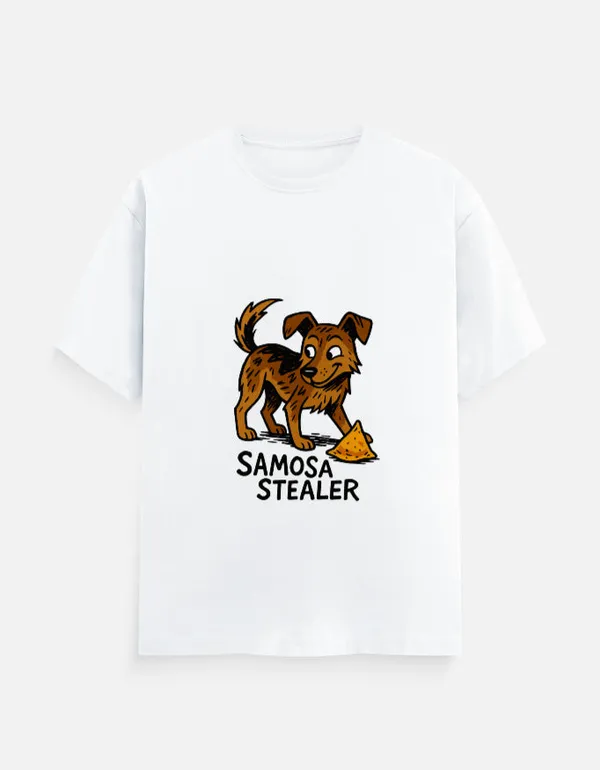 White_Cotton_Samosa_Stealer_Dog_T-Shirt_|_Snack_Time_Shenanigans