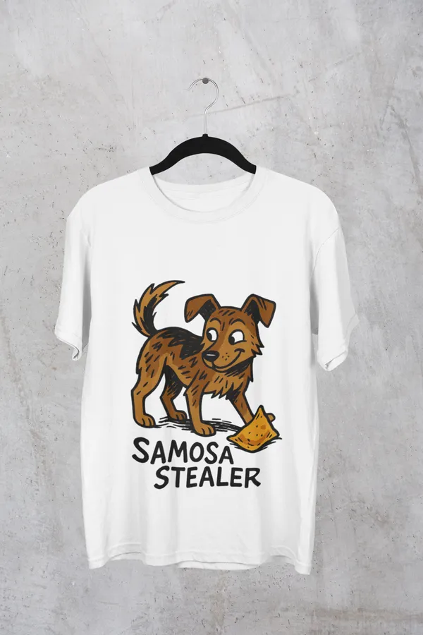 White_Cotton_Samosa_Stealer_Dog_T-Shirt_|_Snack_Time_Shenanigans