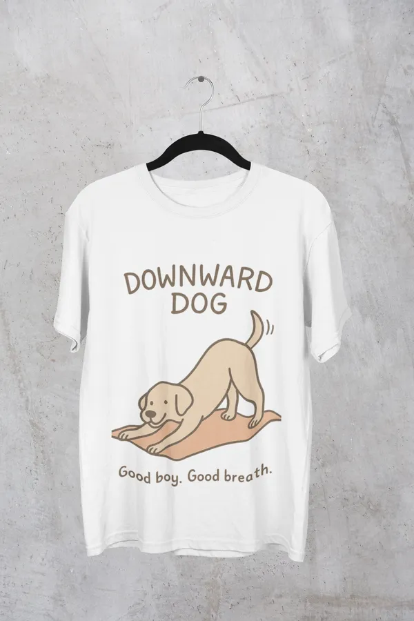 White_Cotton_Downward_Dog,_Good_Boy_Good_Breath_T-Shirt_|_Yoga_Pup_Edition