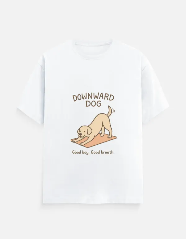 White_Cotton_Downward_Dog,_Good_Boy_Good_Breath_T-Shirt_|_Yoga_Pup_Edition