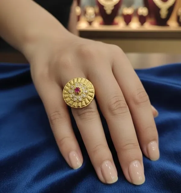 Balaji_Gold_Majestic_Flora_Scalloped_Ring_–_22K_Matte_Gold_Finish_with_Ruby_Centerb_for_Women