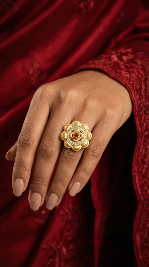 Balaji_Gold_Royal_Tiered_Floral_Statement_Ring_–_22K_Matte_Gold_with_Ruby_Center