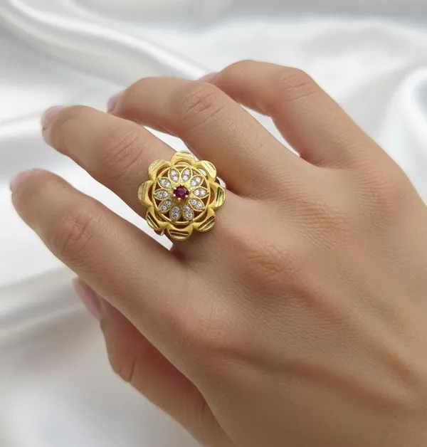 Balaji_gold_Golden_Bloom_Statement_Ring_–_Handcrafted_Matte_Petal_Design_with_Ruby_&_Zirconia_for_Women