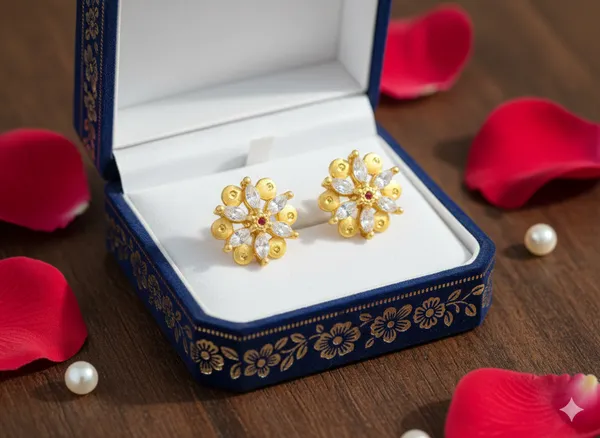 Gold_Finish_Floral_Ruby_&_CZ_Stud_Earrings