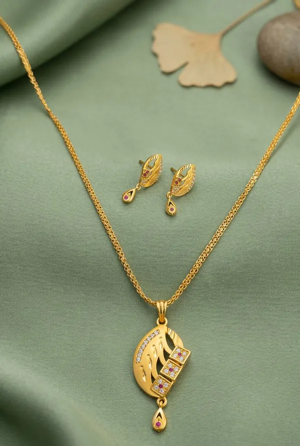 Elegant_22K_Gold_Leaf_Design_Pendant_Set_with_Ruby_&_CZ_Stones