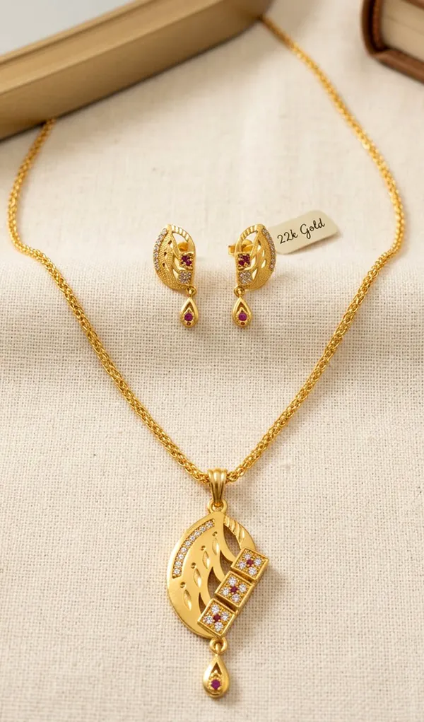 Elegant_22K_Gold_Leaf_Design_Pendant_Set_with_Ruby_&_CZ_Stones