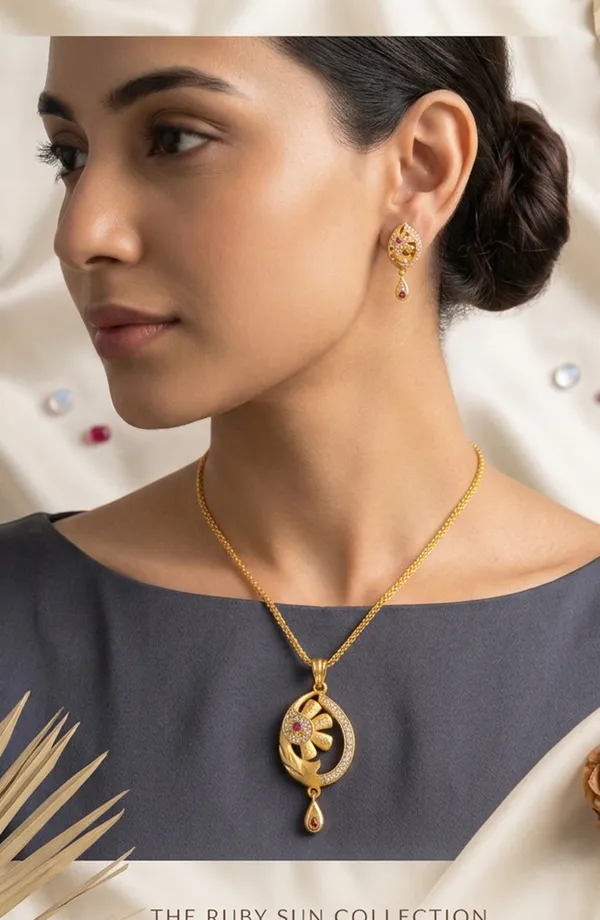 Elegant_Floral_Pendant_&_Earrings_Set_–_Gold-Plated_with_Ruby-Pink_Stones_and_American_Diamond_Accents