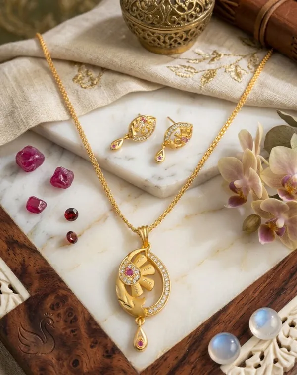 Elegant_Floral_Pendant_&_Earrings_Set_–_Gold-Plated_with_Ruby-Pink_Stones_and_American_Diamond_Accents
