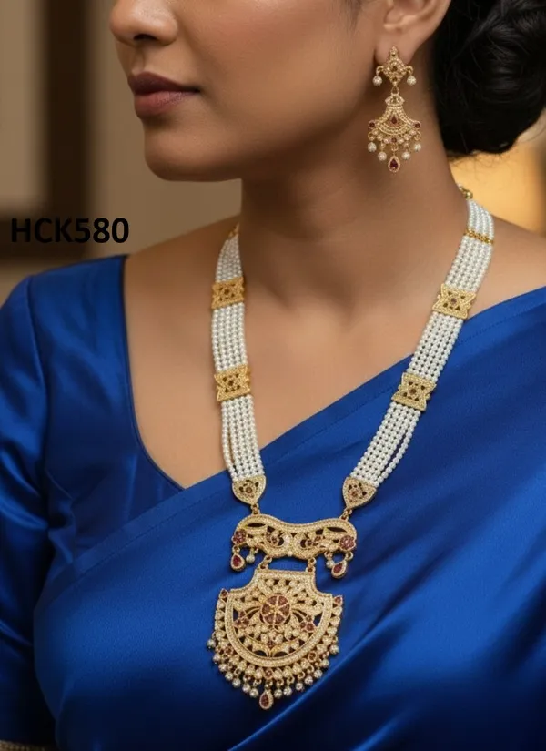 Exquisite_Multi-Strand_Pearl_Rani_Haar_Necklace_Set_with_Filigree_Pendant_&_Matching_Earrings