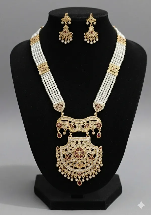 Exquisite_Multi-Strand_Pearl_Rani_Haar_Necklace_Set_with_Filigree_Pendant_&_Matching_Earrings