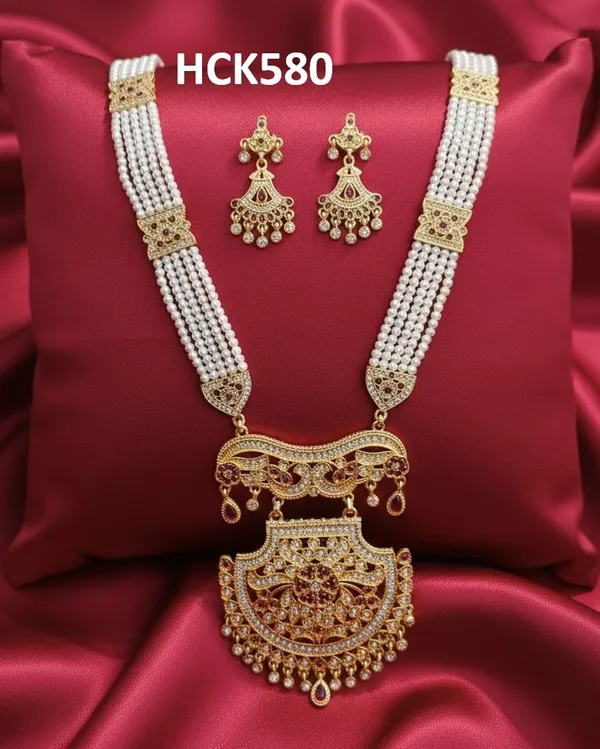 Exquisite_Multi-Strand_Pearl_Rani_Haar_Necklace_Set_with_Filigree_Pendant_&_Matching_Earrings