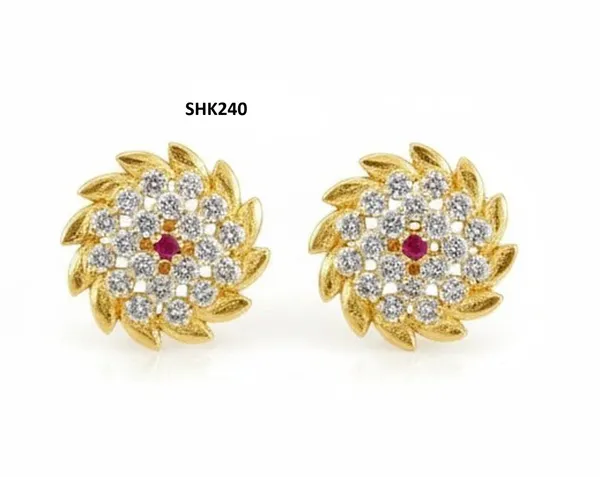 Gold_Finish_Floral_CZ_&_Ruby_Stud_Earrings
