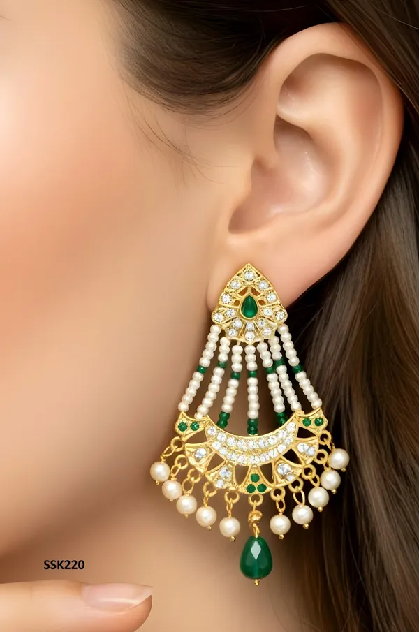 Gold_Finish_Green_Stone_Pearl_Beaded_Long_Earrings