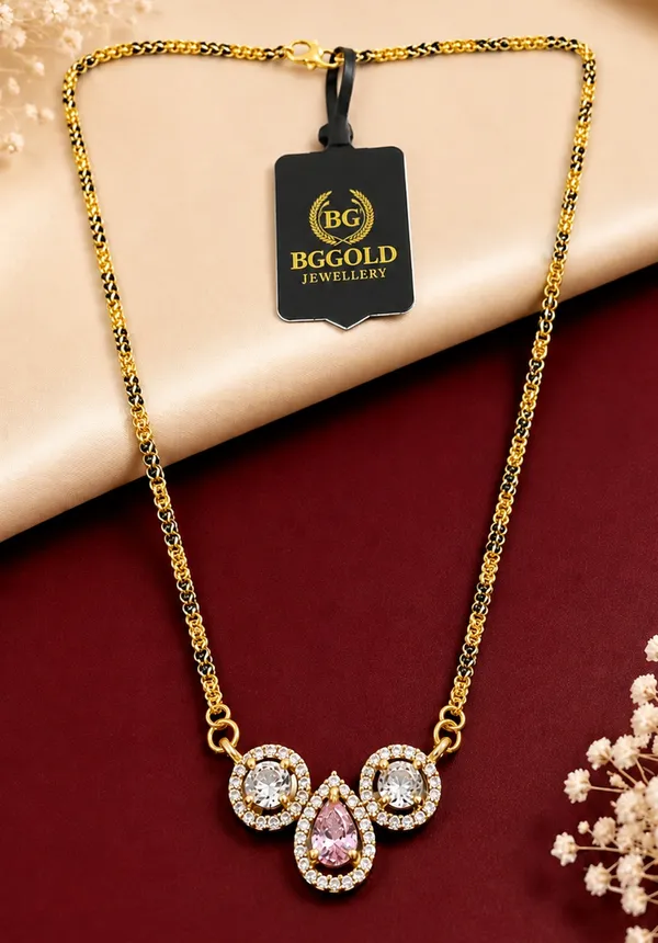 Modern_Gold-Plated_Triple-Stone_Cluster_Mangalsutra_with_Pink_and_White_CZ_Stones