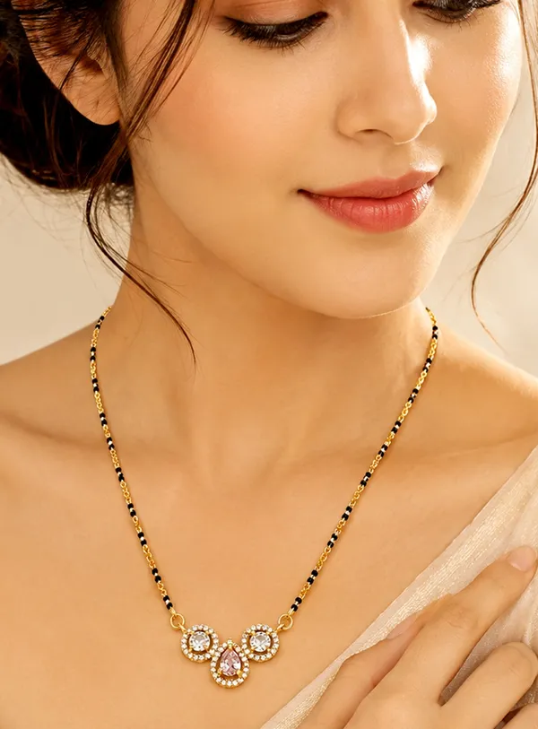 Modern_Gold-Plated_Triple-Stone_Cluster_Mangalsutra_with_Pink_and_White_CZ_Stones