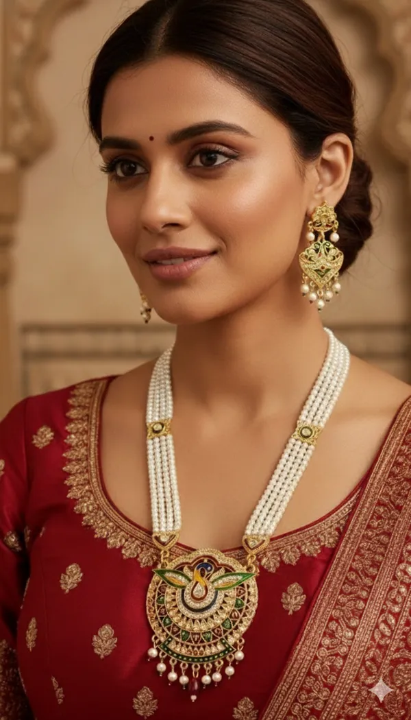 Rajasthani_Traditional_Pearl_Haar_with_Meenakari_Peacock_Pendant_&_Jhumka_Set