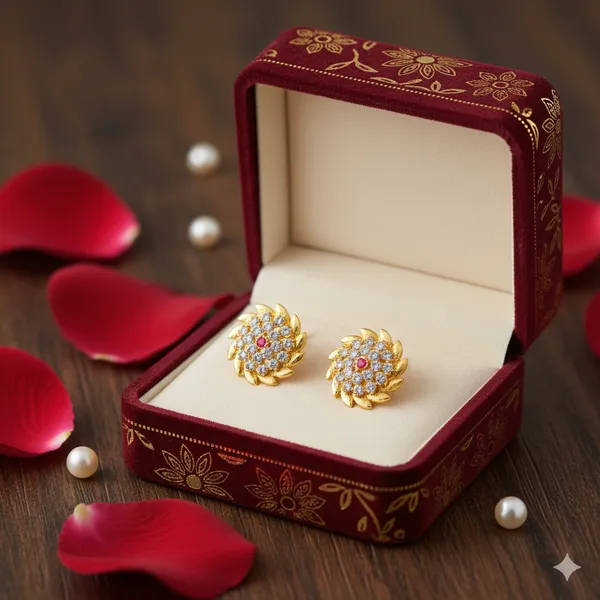 Gold_Finish_Floral_CZ_&_Ruby_Stud_Earrings