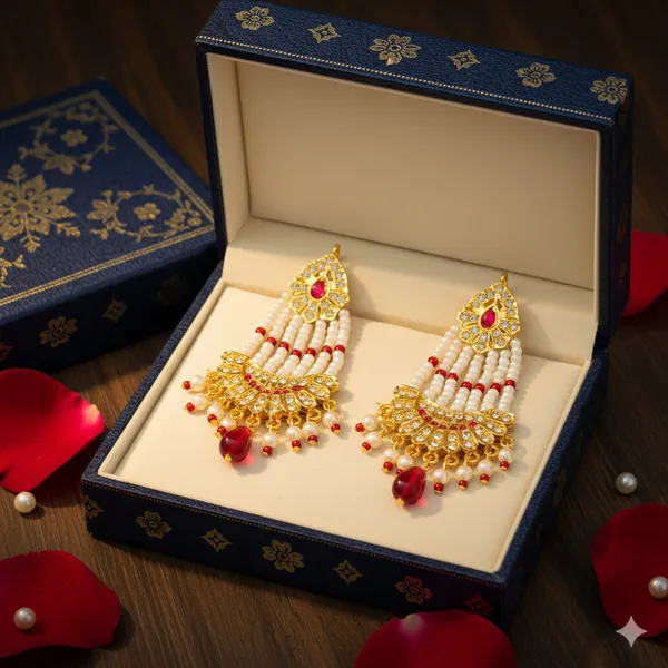 Gold_Finish_Red_Stone_Pearl_Beaded_Long_Earrings
