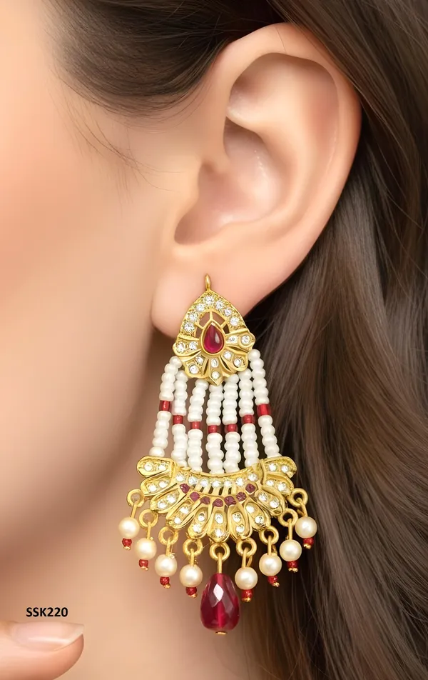 Gold_Finish_Red_Stone_Pearl_Beaded_Long_Earrings