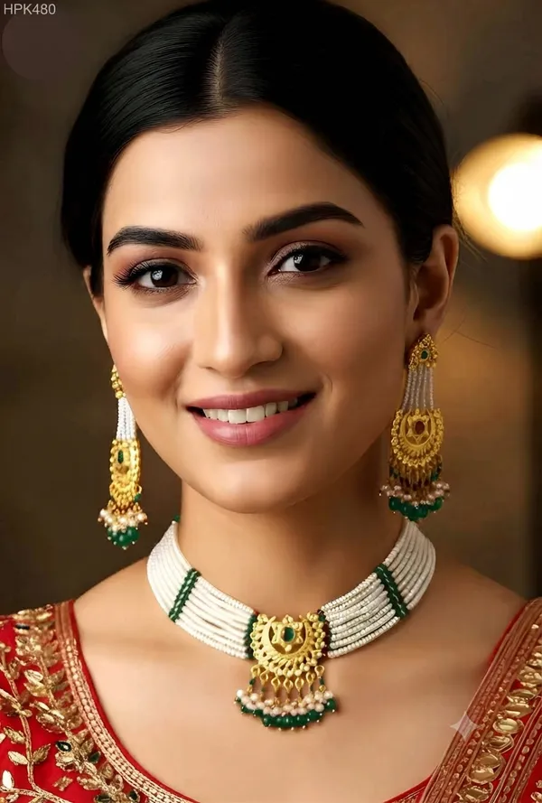Balaji_Gold_Green_Traditional_Kundan_Pearl_Choker_Necklace_Set_For_Women