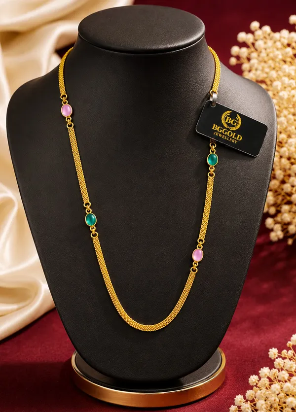 Golden_Mesh_Chain_Long_Necklace_with_Pastel_Stone_Stations