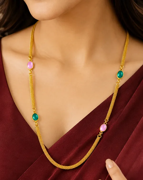 Golden_Mesh_Chain_Long_Necklace_with_Pastel_Stone_Stations