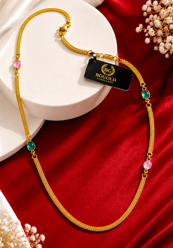 Golden_Mesh_Chain_Long_Necklace_with_Pastel_Stone_Stations
