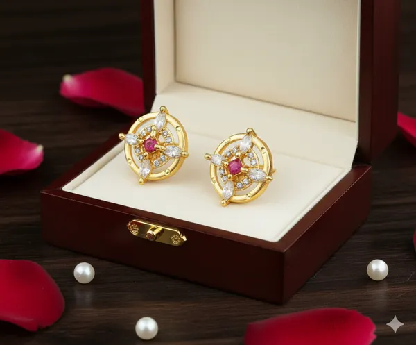 Gold_Finish_Floral_Ruby_&_CZ_Stud_Earrings
