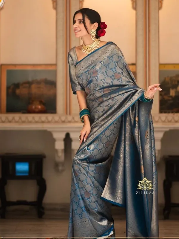 Blue_Jacquard_Self_Design_Banarasi_Saree_For_Women