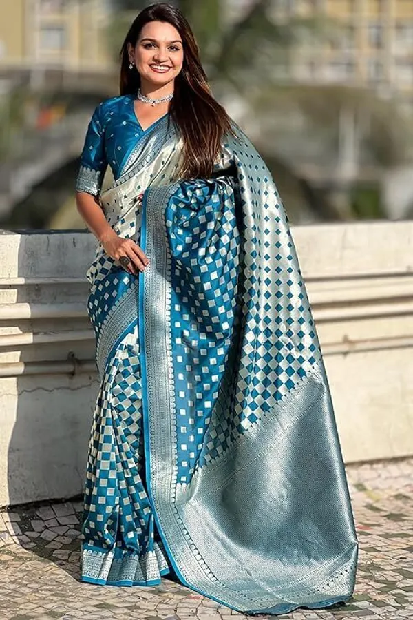 Light_Blue_&_Silver_Jacquard_Embellished_Banarasi_Saree_For_Women