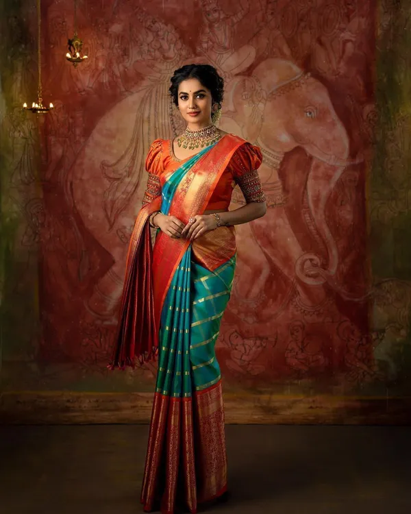 Blue_&_Orange_Jacquard_Self_Design_Banarasi_Saree_For_Women