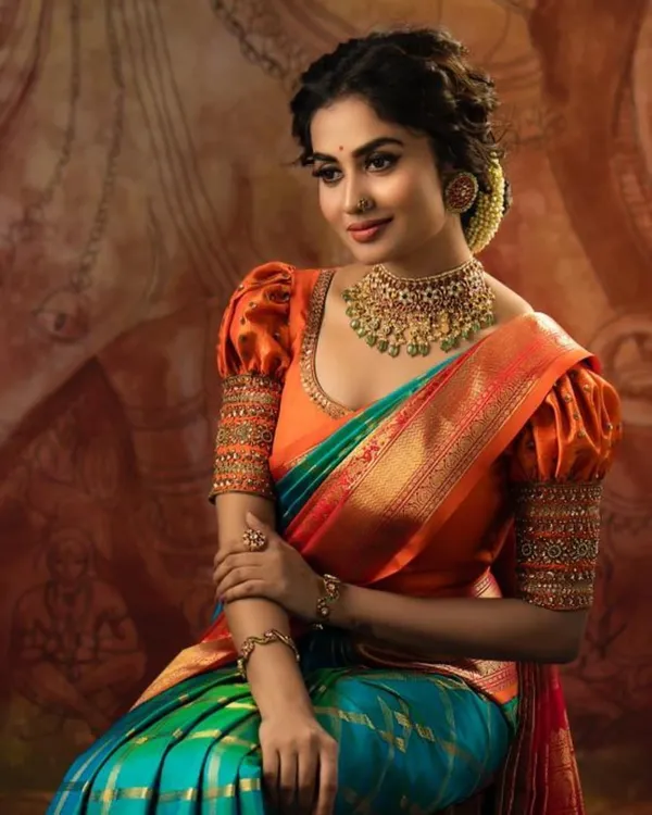 Blue_&_Orange_Jacquard_Self_Design_Banarasi_Saree_For_Women
