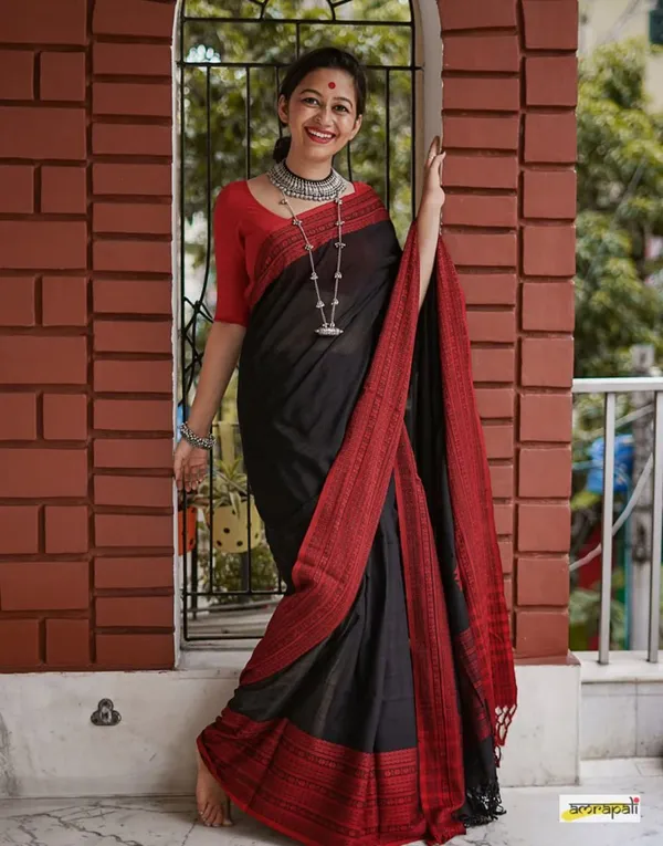 Black_&_Red_Cotton_Linen_Self_Design_Woven_Banarasi_Saree_For_Women