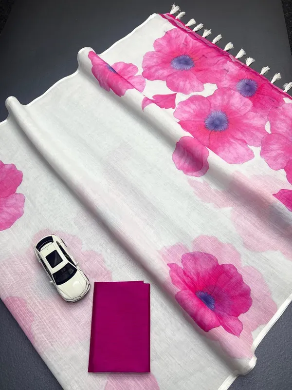 Pink_&_White_Cotton_Linen_Floral_Print_Saree_For_Women