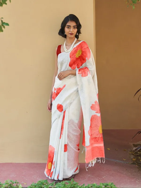 Red_&_White_Cotton_Linen_Floral_Print_Saree_For_Women