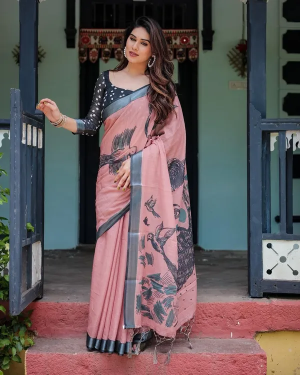 Pink_&_Black_Cotton_Linen_Digital_Print_&_Floral_Print_Bollywood_Saree_For_Women